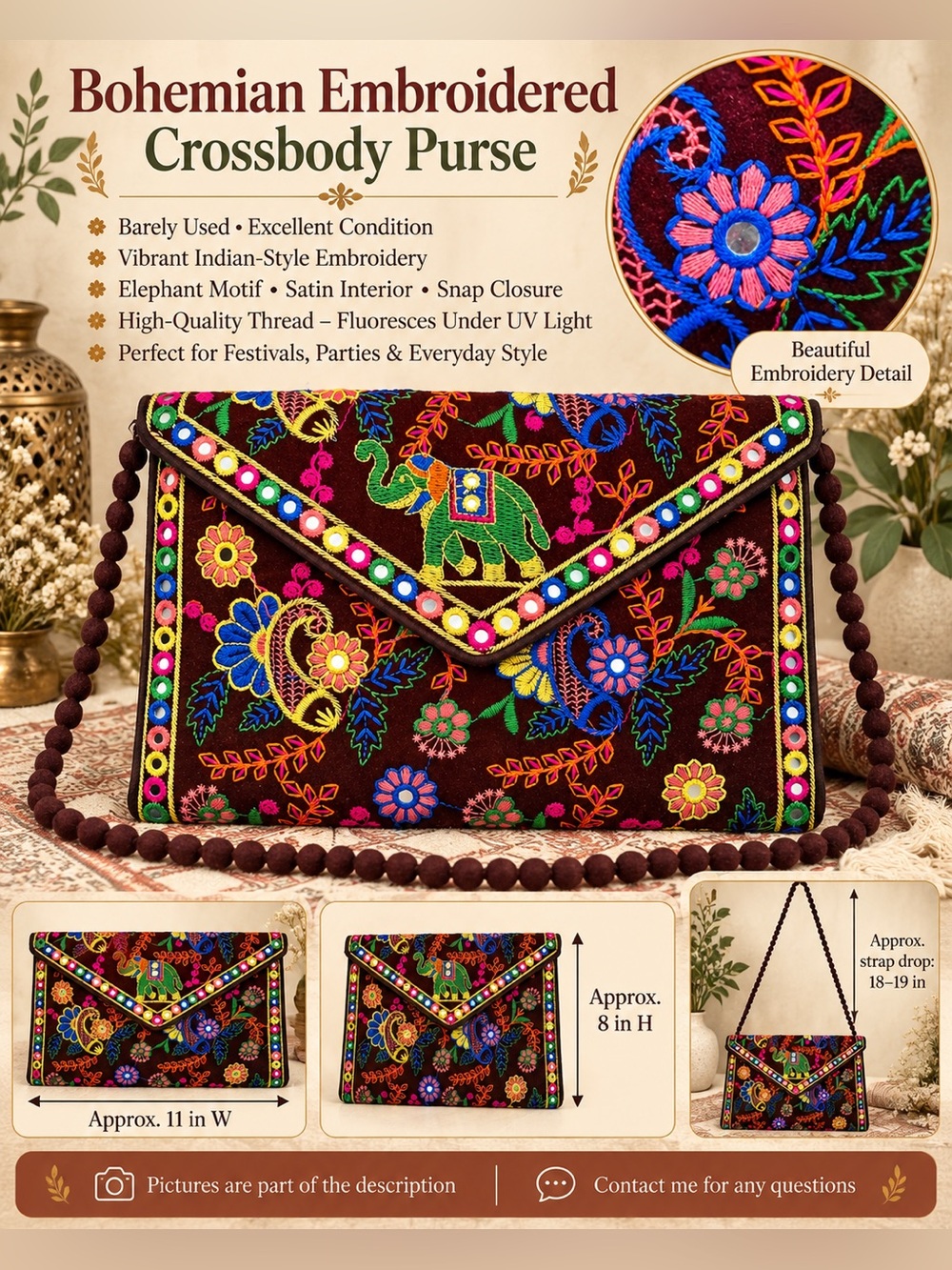 Bohemian Embroidered Elephant Crossbody Purse | Festival Bag | Colorful
